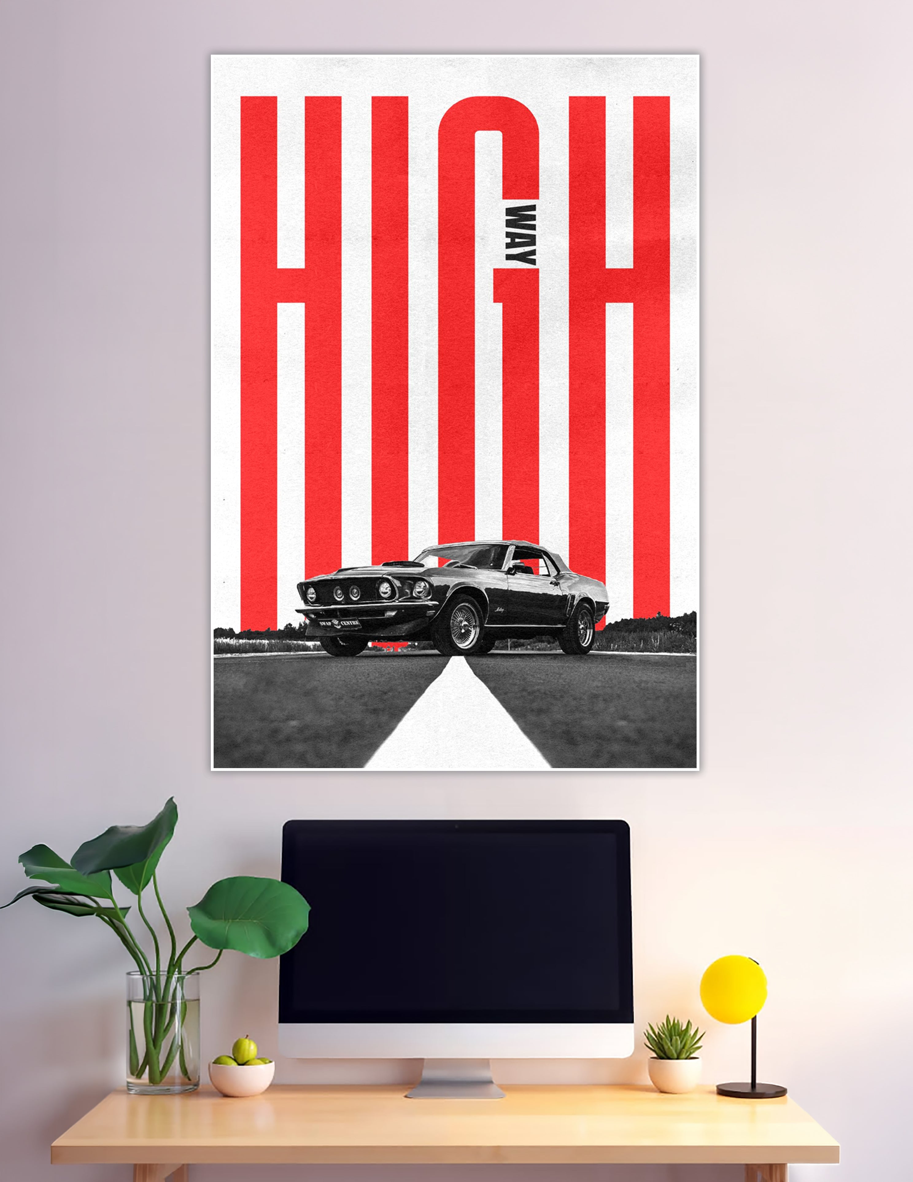 Bold red highway typography poster with classic Ford Mustang