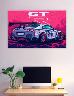 Anime-style Nissan GT-R neon pink JDM poster