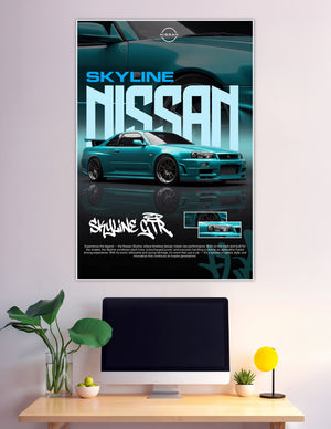 Nissan Skyline GTR R34 teal JDM car poster