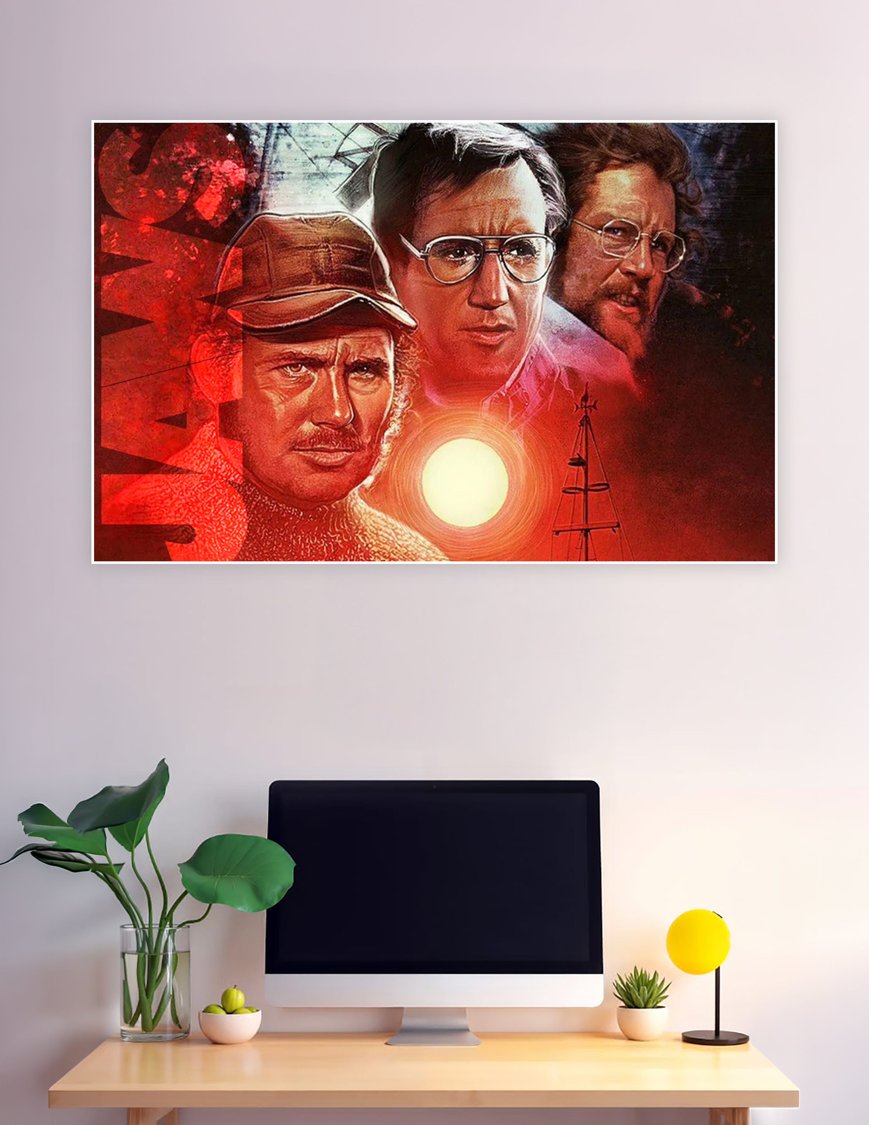 Jaws 1975 movie illustrated portrait poster red tones