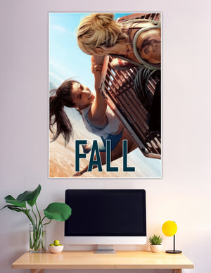 Fall movie poster two women clinging to tower