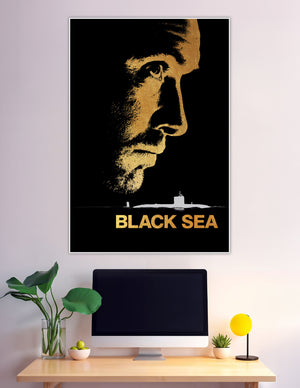 Black Sea movie poster gold face submarine dark background