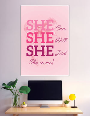 Pink empowerment poster with bold she can she will typography