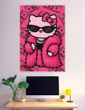 Hello Kitty baddie pink fur coat money pop art poster