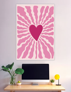 Magenta heart with wavy pink sunburst rays retro poster