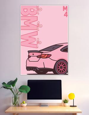 Pink kawaii BMW M4 illustration poster with bow accents