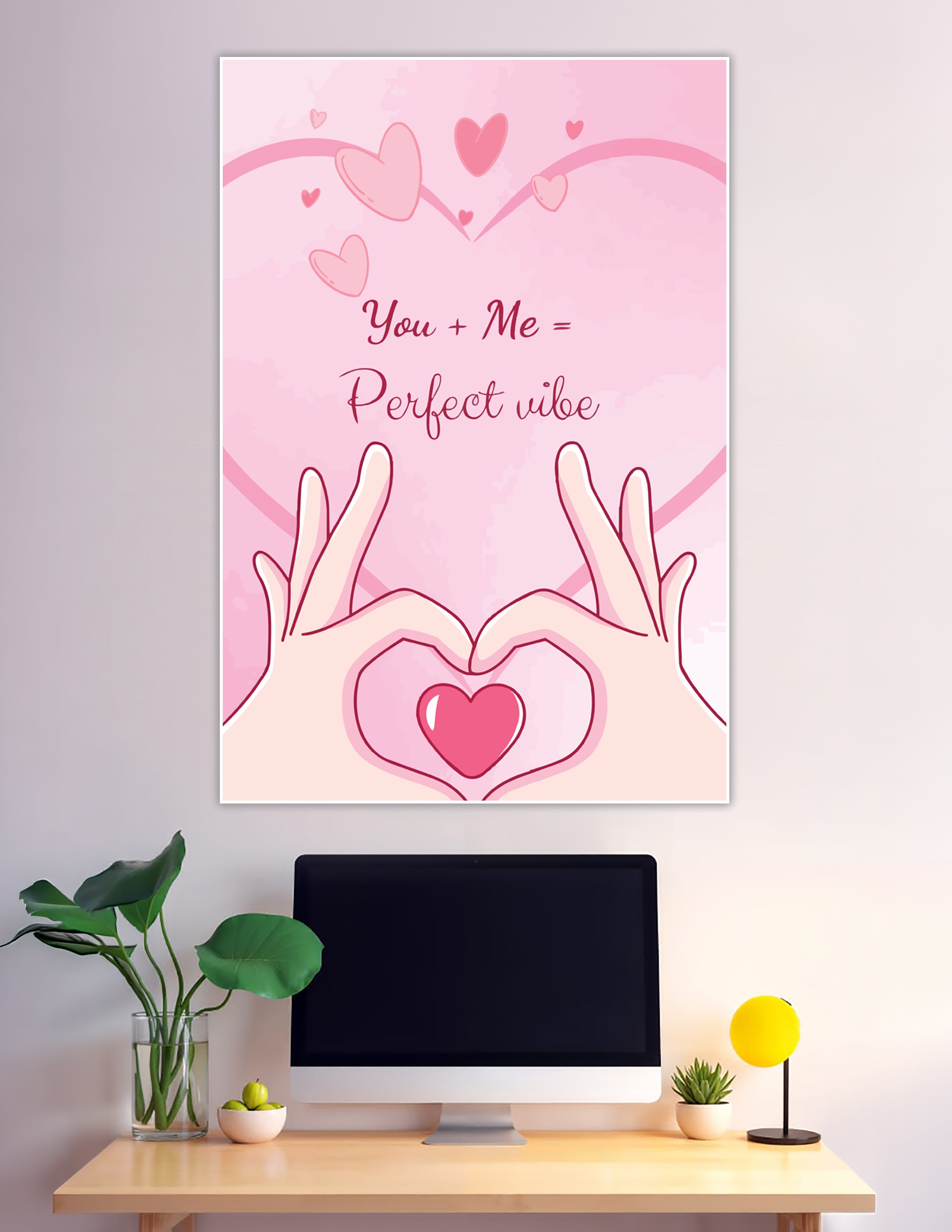 Pink romantic poster with heart hands and love quote