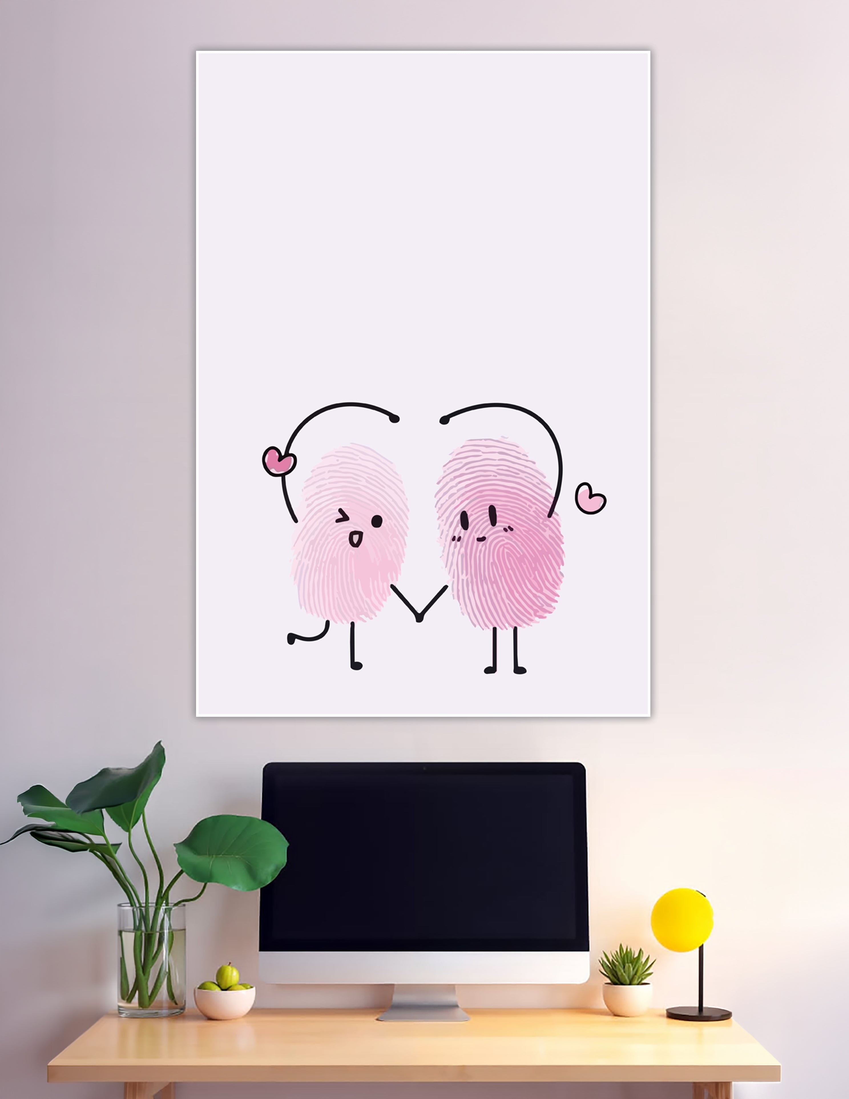 Two pink fingerprint characters holding hands with hearts