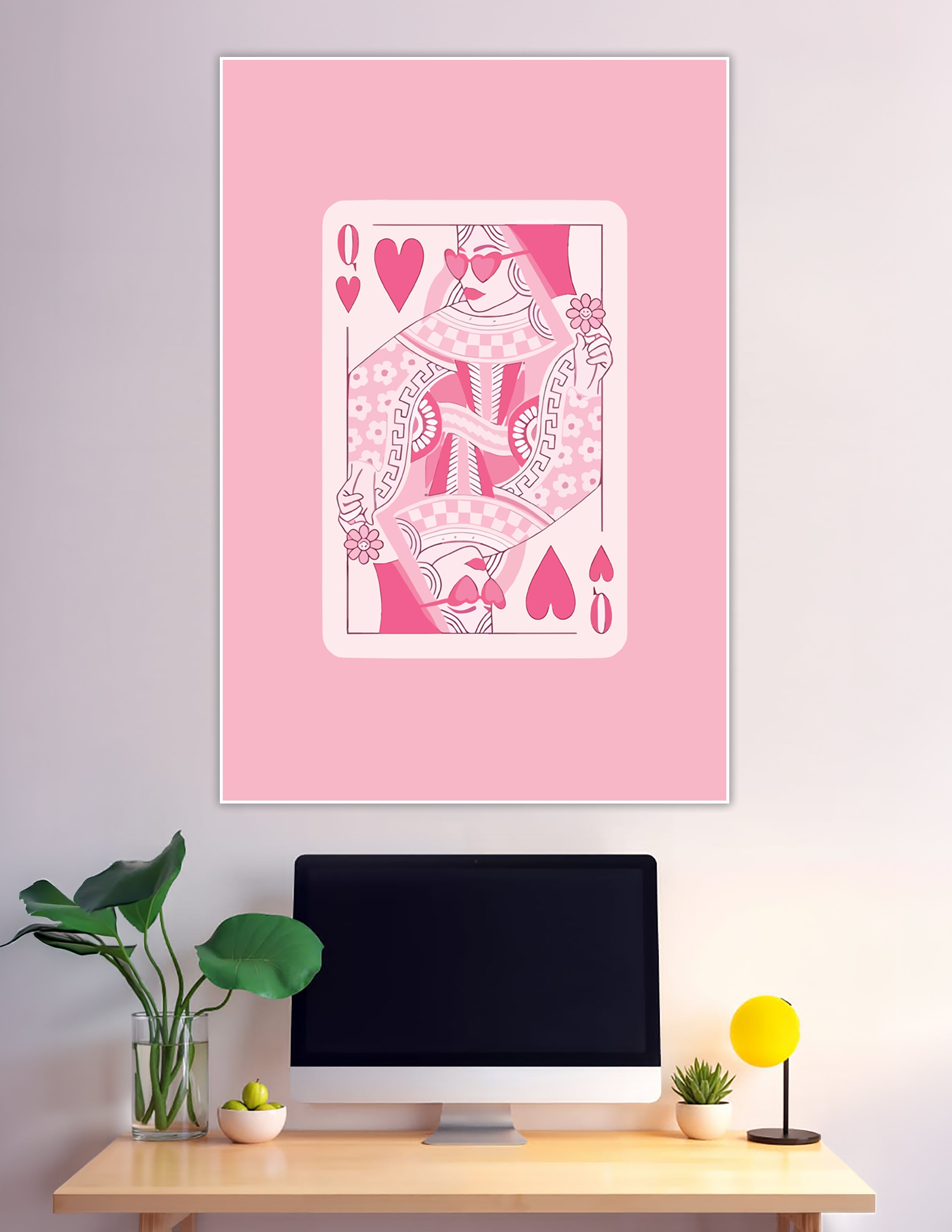 Pink Queen of Hearts playing card retro illustration poster