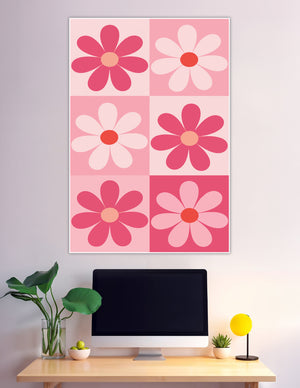 Retro pink daisy grid poster with six groovy flowers