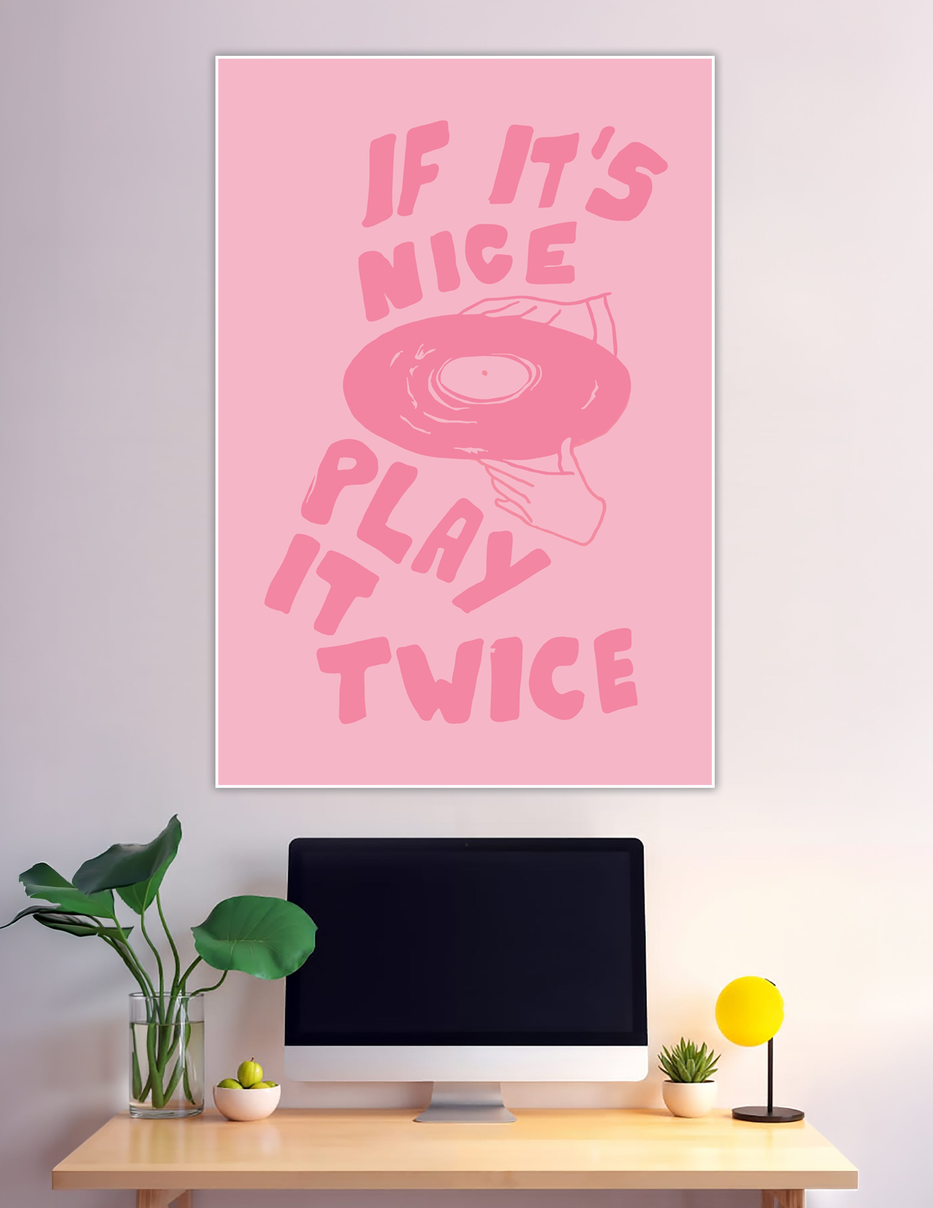 Pink typographic poster with vinyl record music quote