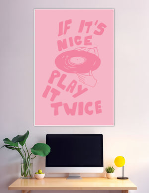 Pink typographic poster with vinyl record music quote
