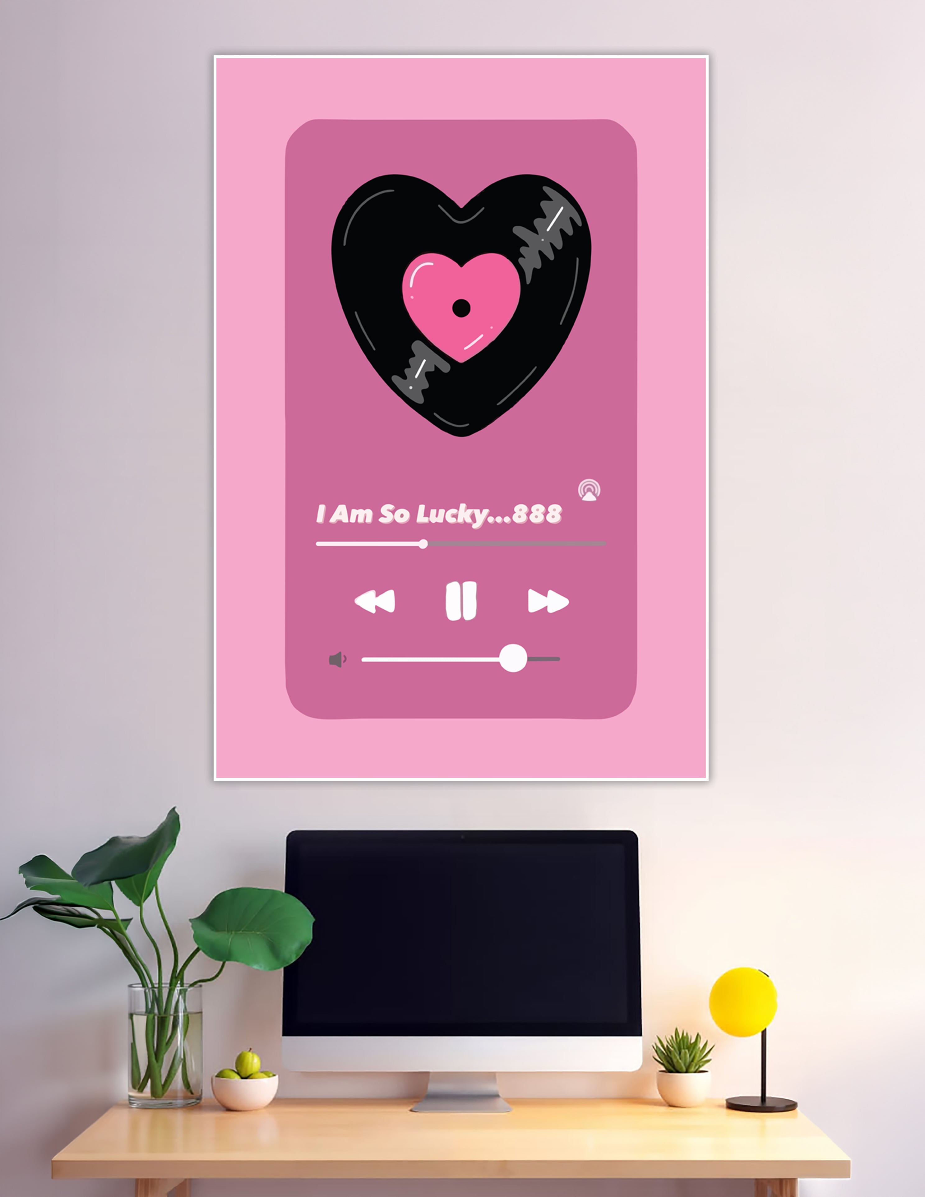 Pink music player poster with heart-shaped vinyl record