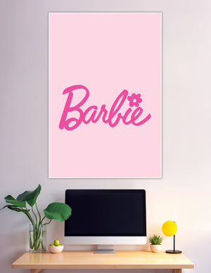 Hot pink Barbie cursive logo on blush pink background