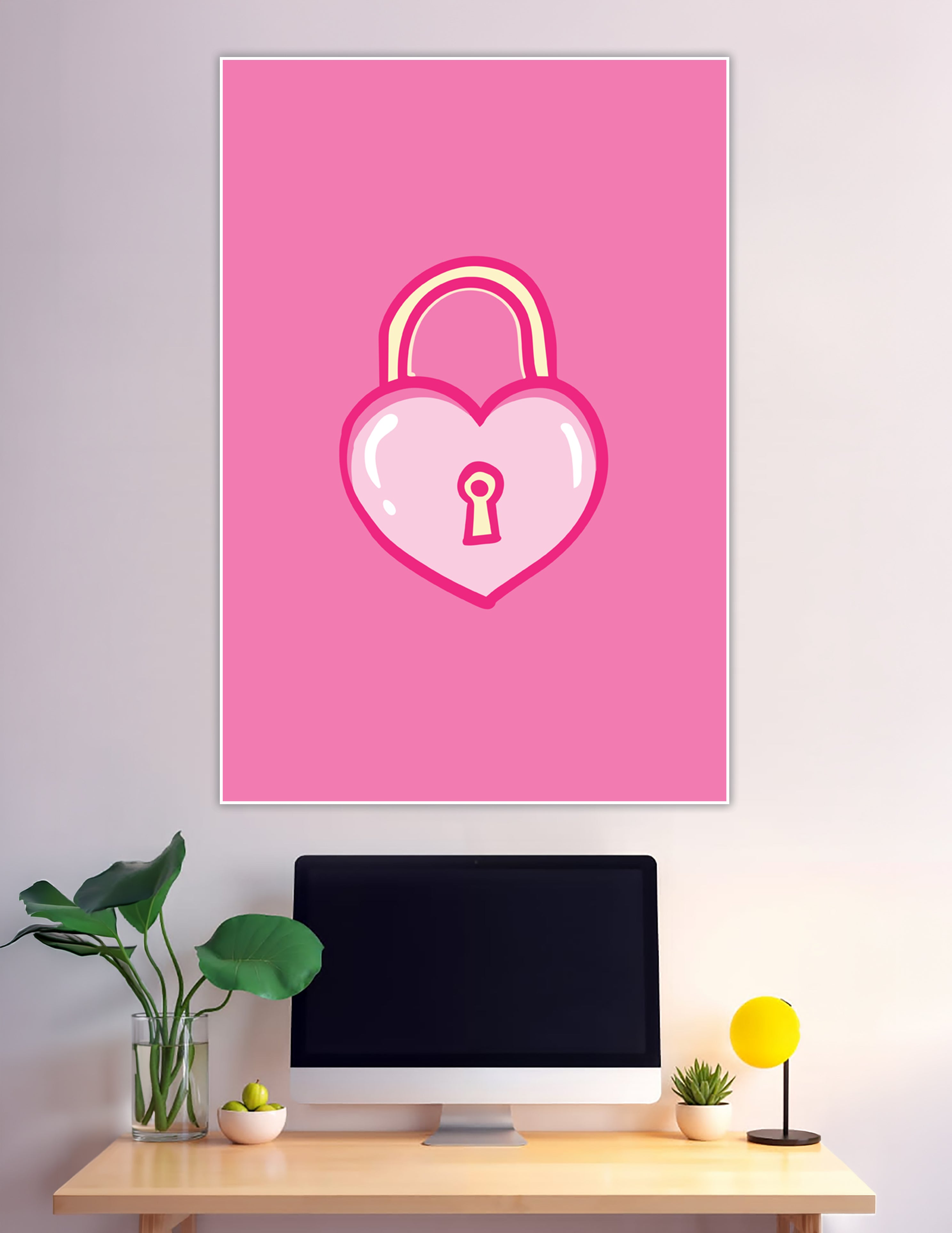 Cute pink heart-shaped padlock illustration on pink background