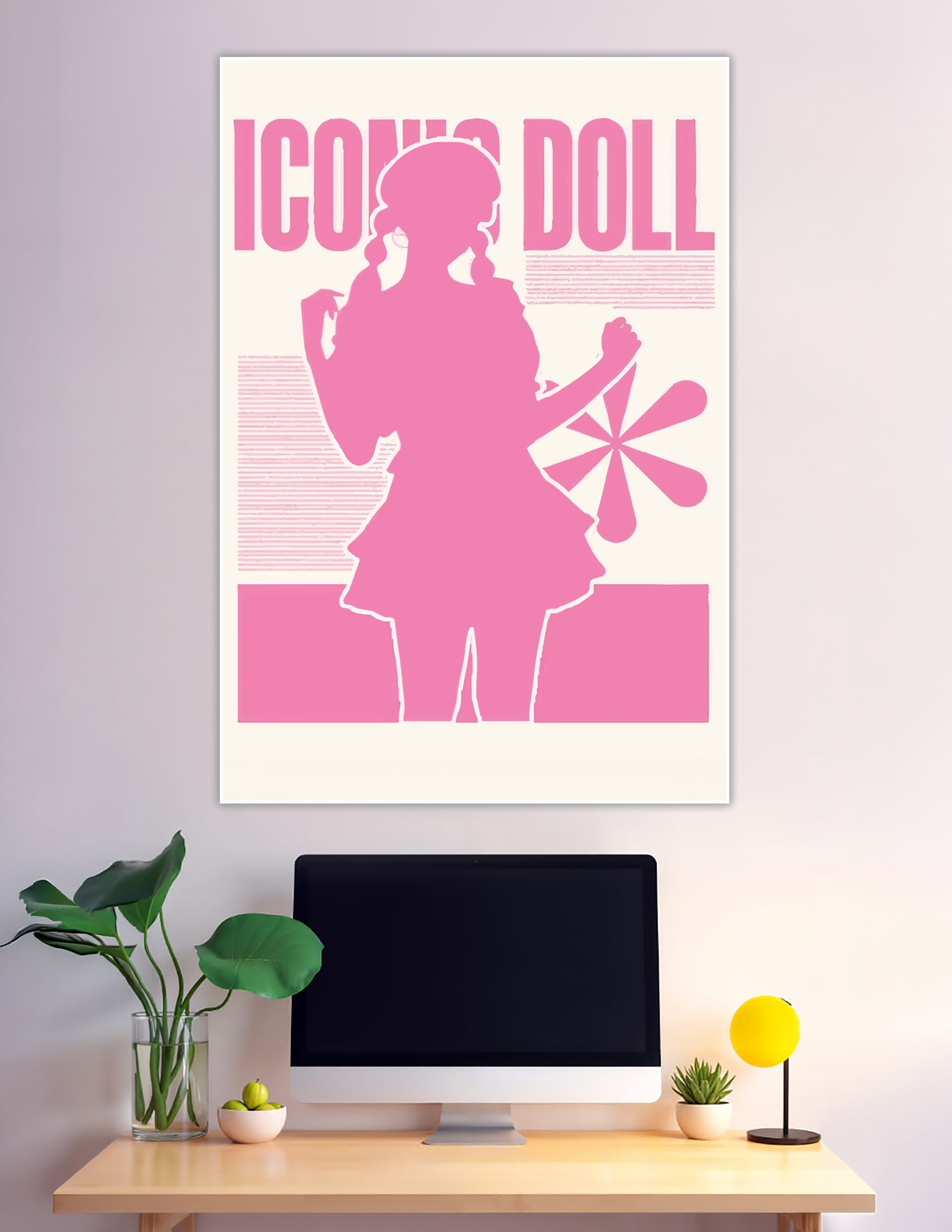 Pink anime doll silhouette poster with bold typography