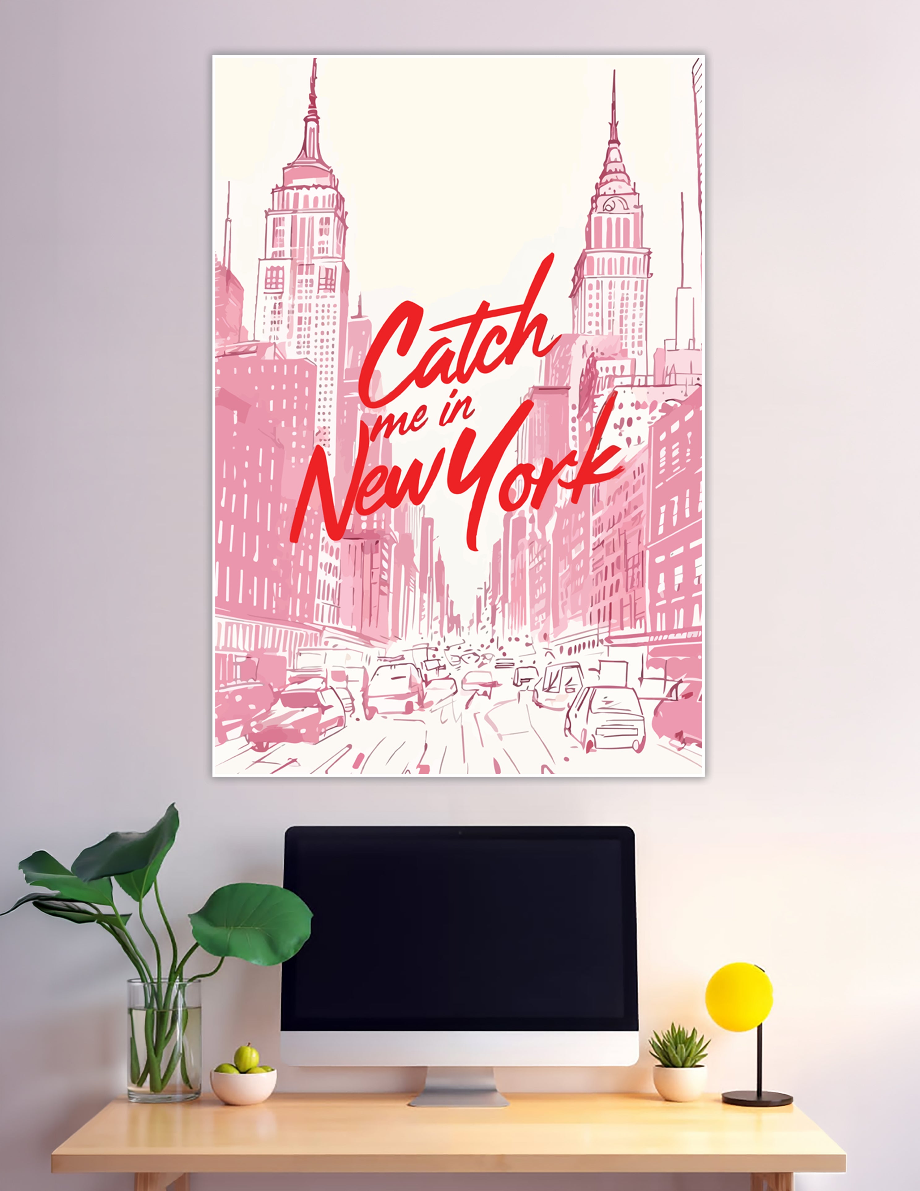 Pink sketch New York City skyline poster with red script