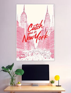 Pink sketch New York City skyline poster with red script