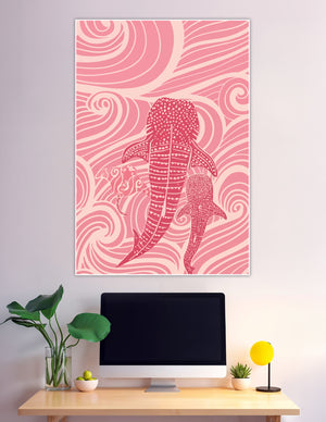 Pink boho whale shark swirling ocean waves illustration poster