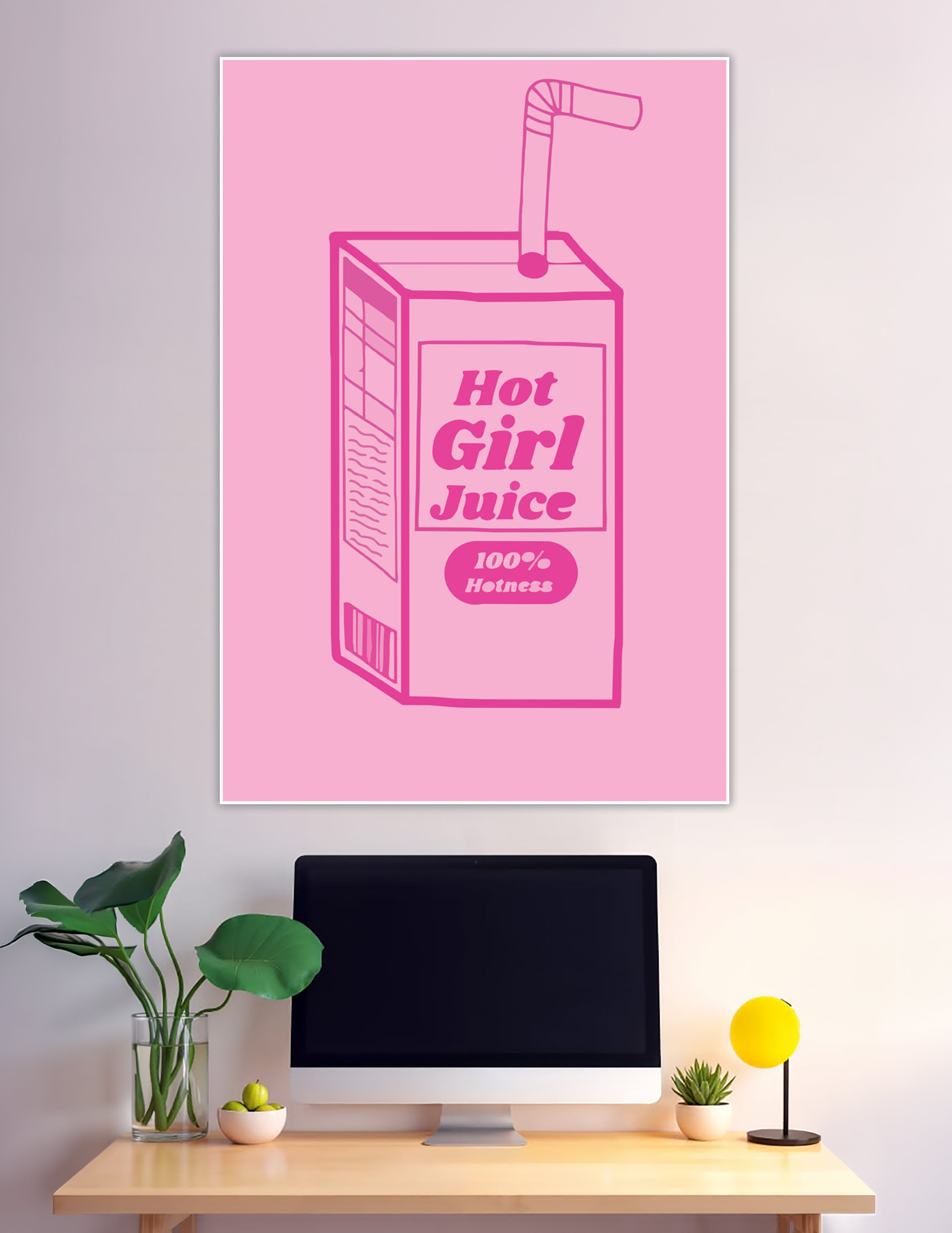 Pink illustrated Hot Girl Juice box poster with straw
