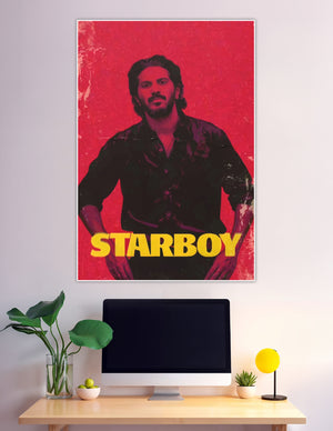 Starboy red graphic poster with bold yellow typography
