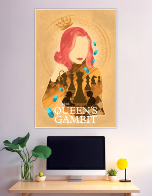 The Queen's Gambit illustrated poster with chess pieces and crown