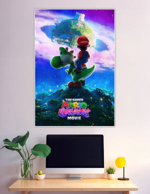 Mario riding Yoshi under cosmic galaxy sky poster