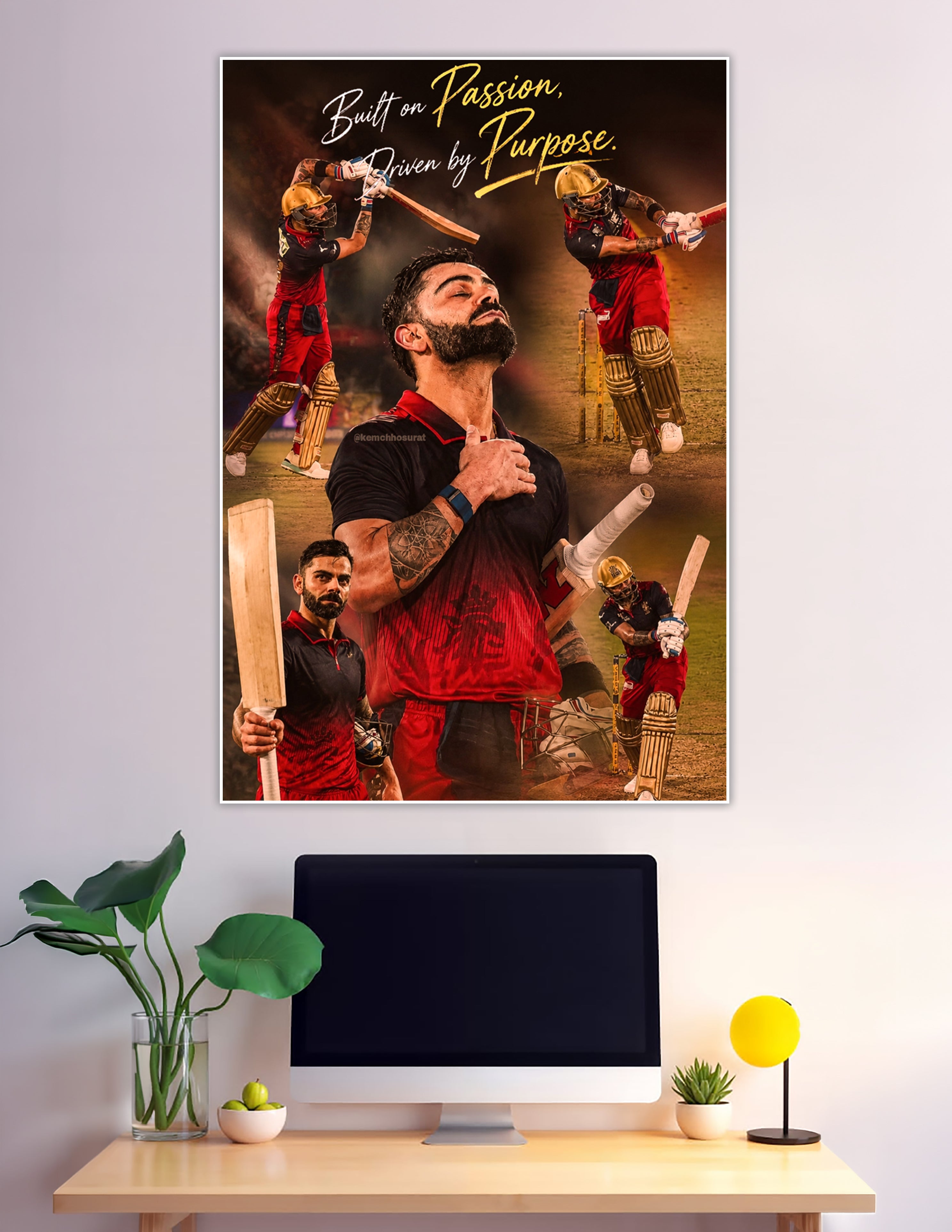 Cricket player batting collage poster with motivational quote