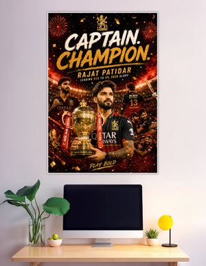 Rajat Patidar holding IPL trophy RCB champion poster