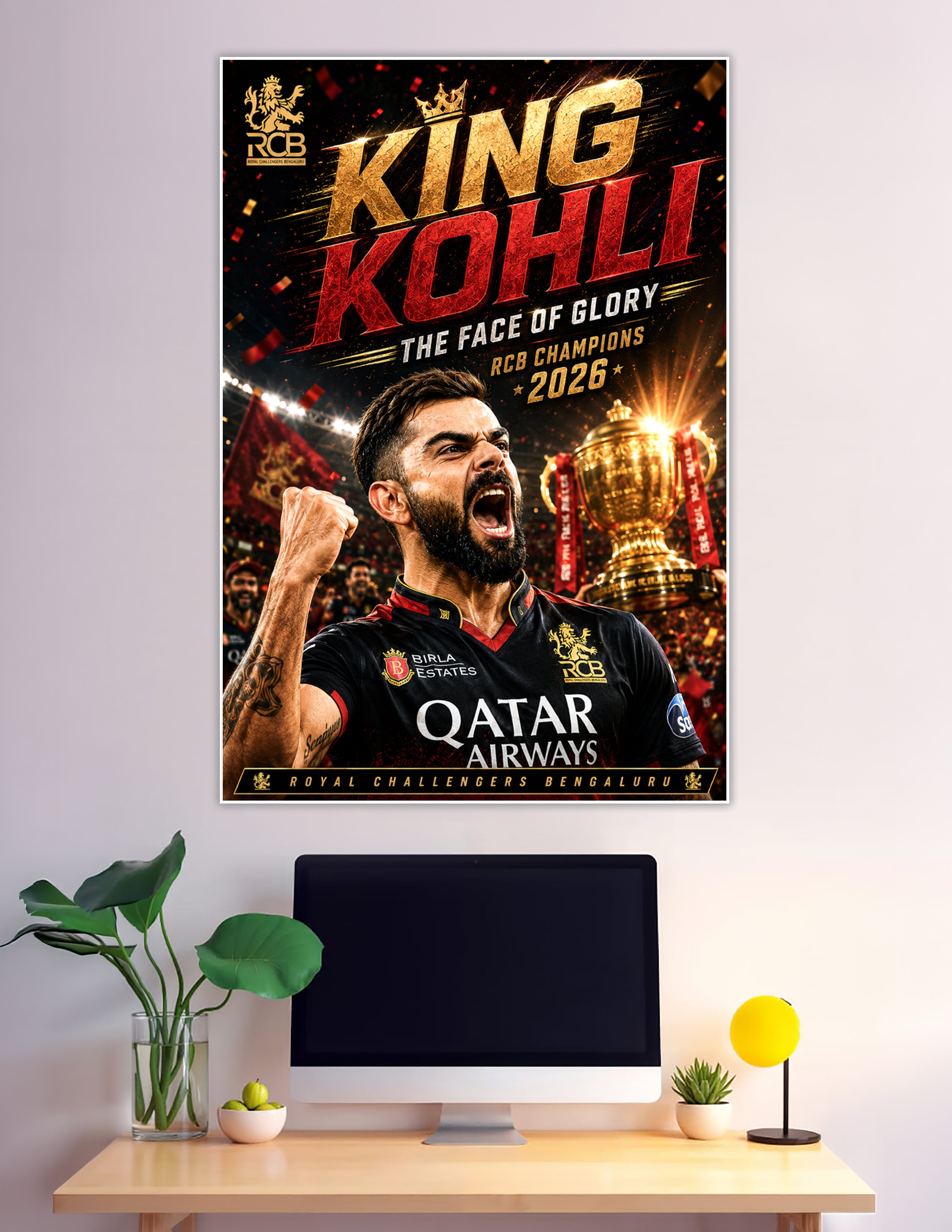 King Kohli RCB Champions 2026 celebration cricket poster