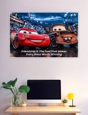 Lightning McQueen and Mater smiling at racetrack night
