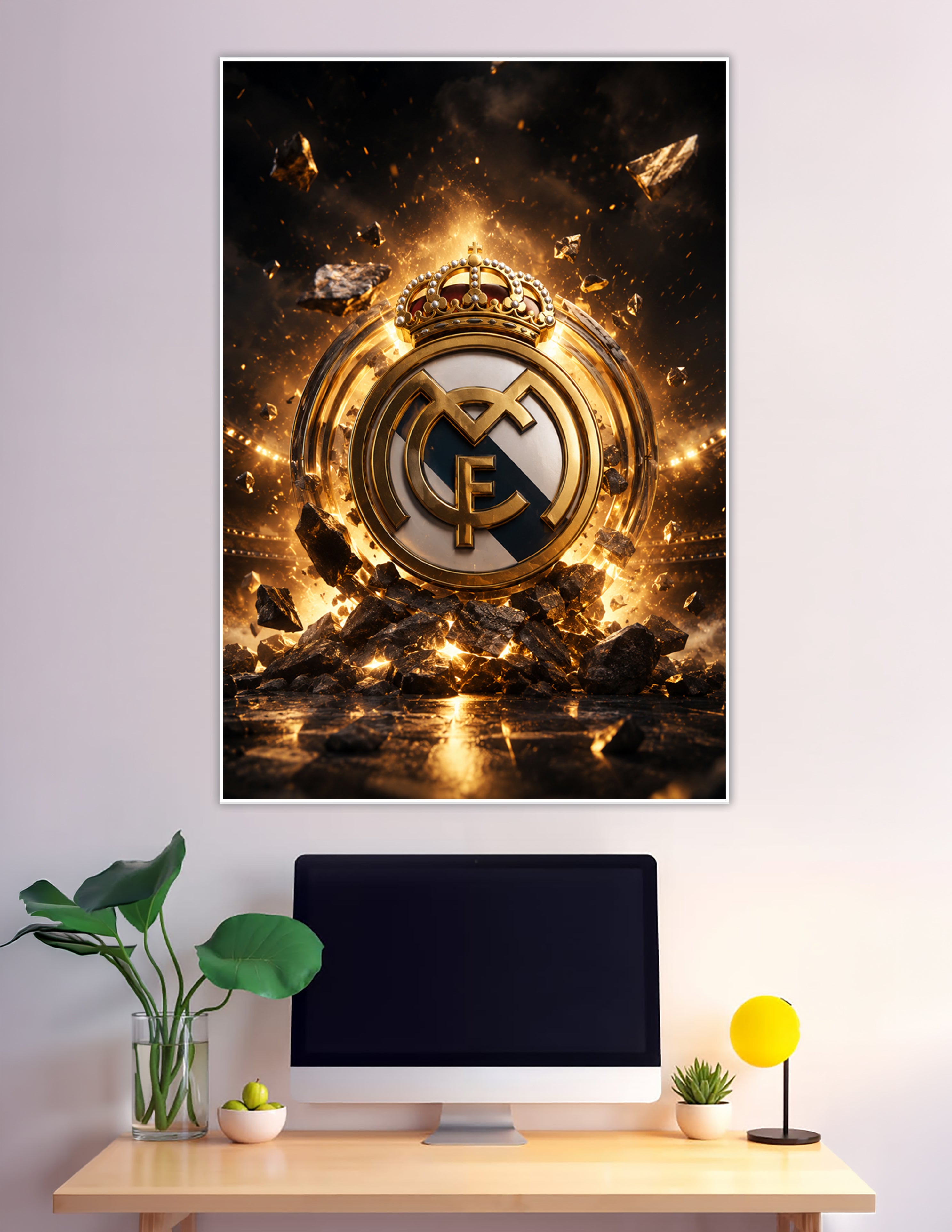 Real Madrid golden crest exploding with fire and debris