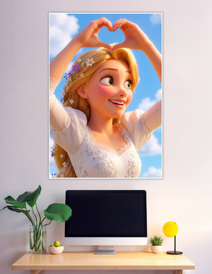 Animated Rapunzel making heart sign with flowers in hair