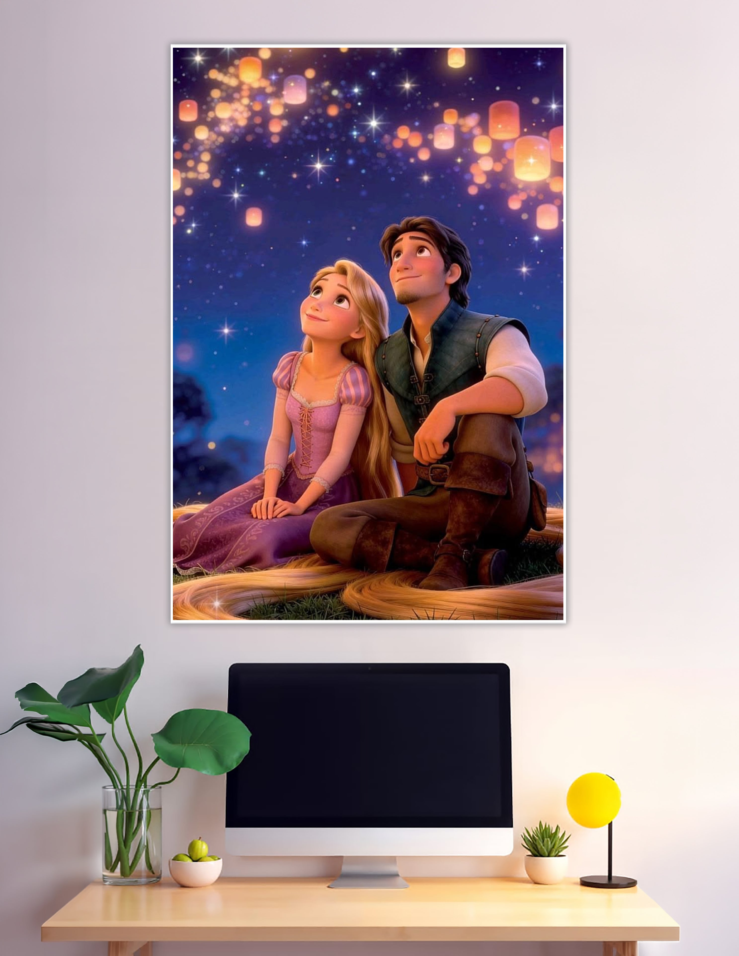 Rapunzel and Flynn Rider watching glowing lanterns night sky