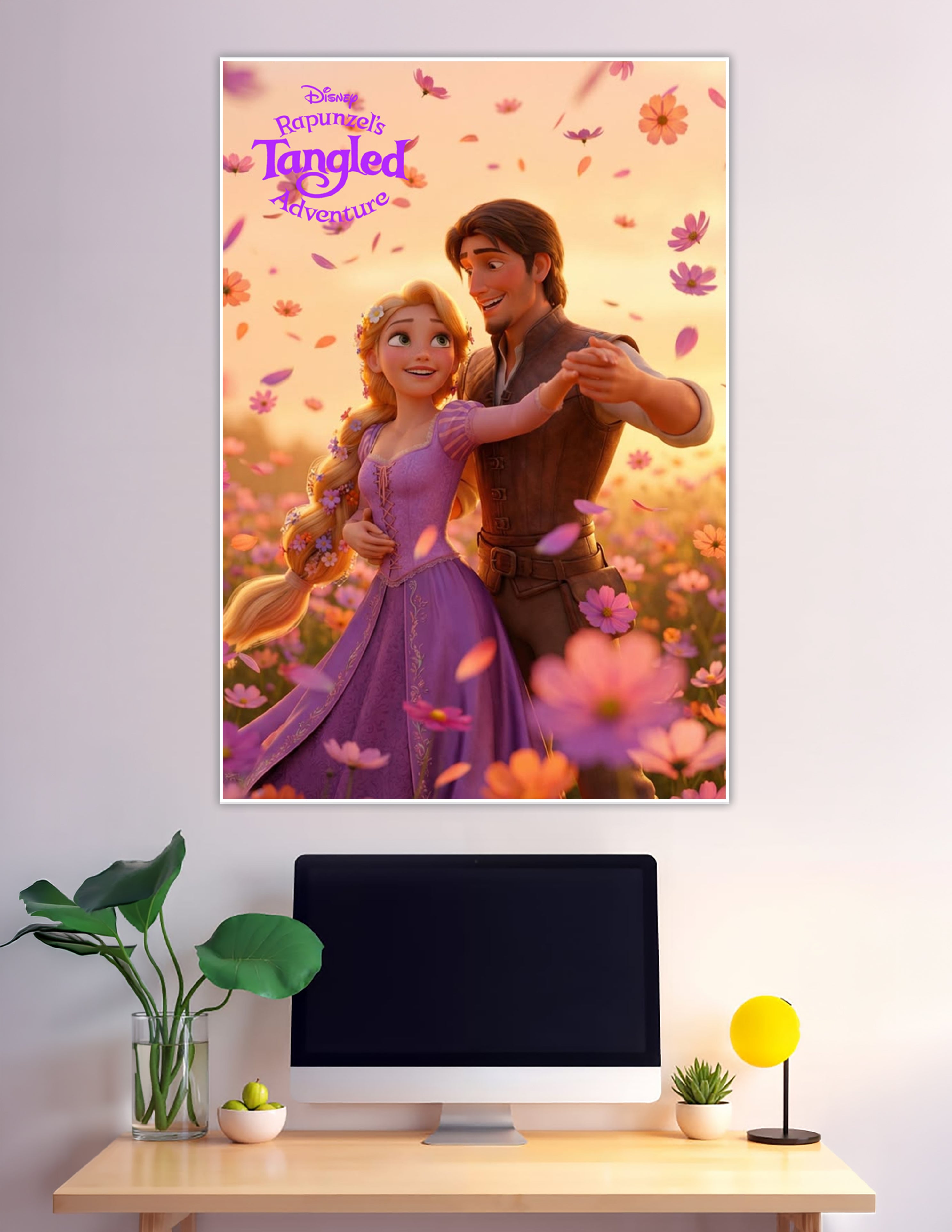 Rapunzel and Flynn Rider dancing in a flower field