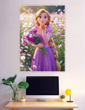 Rapunzel blowing kiss in purple dress flower field
