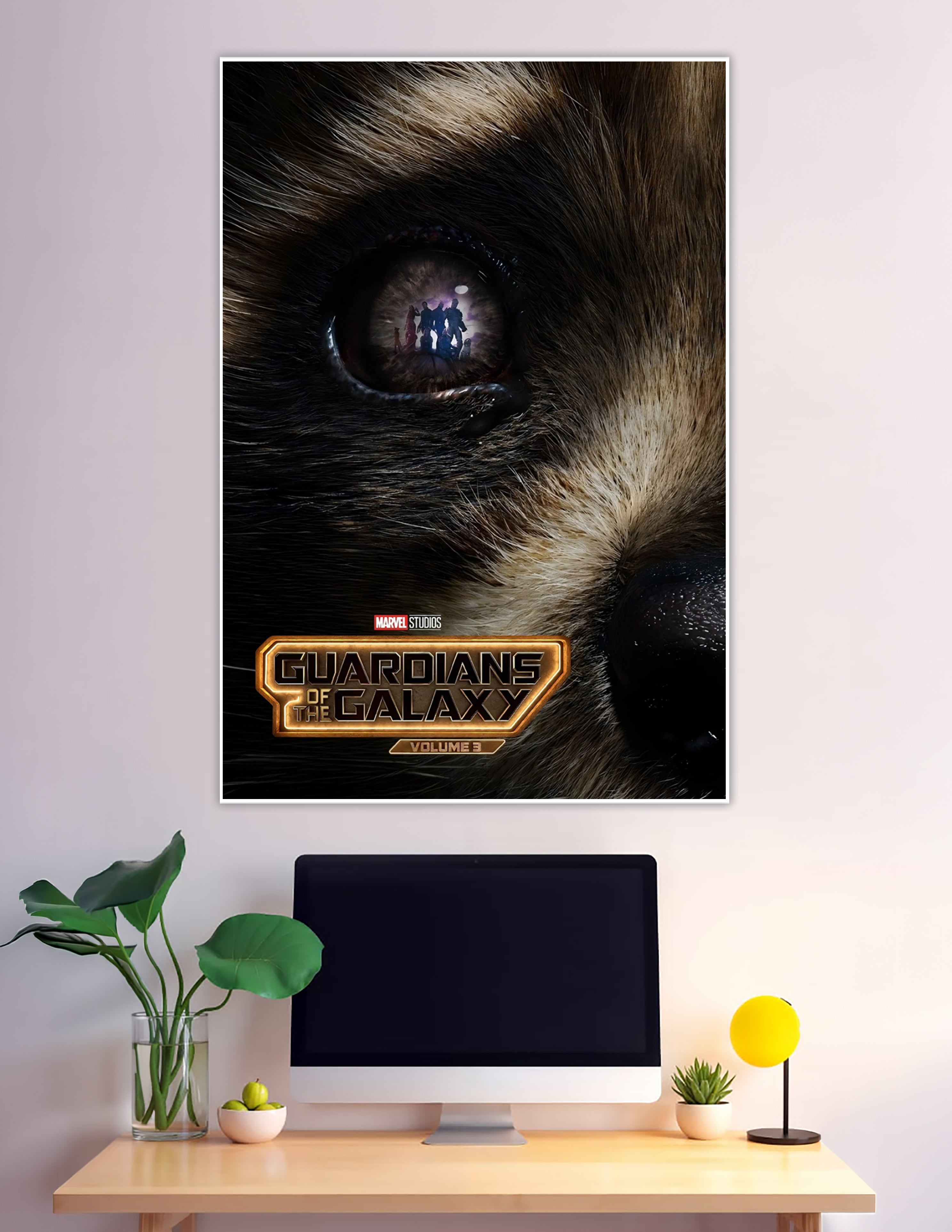 Rocket Raccoon eye reflecting Guardians team Vol 3 poster