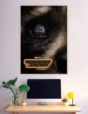 Rocket Raccoon eye reflecting Guardians team Vol 3 poster