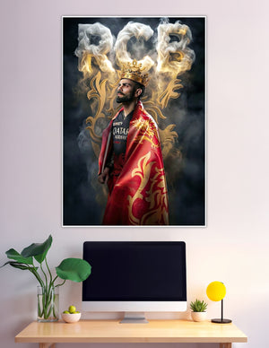 RCB cricket king poster with golden crown and red cape