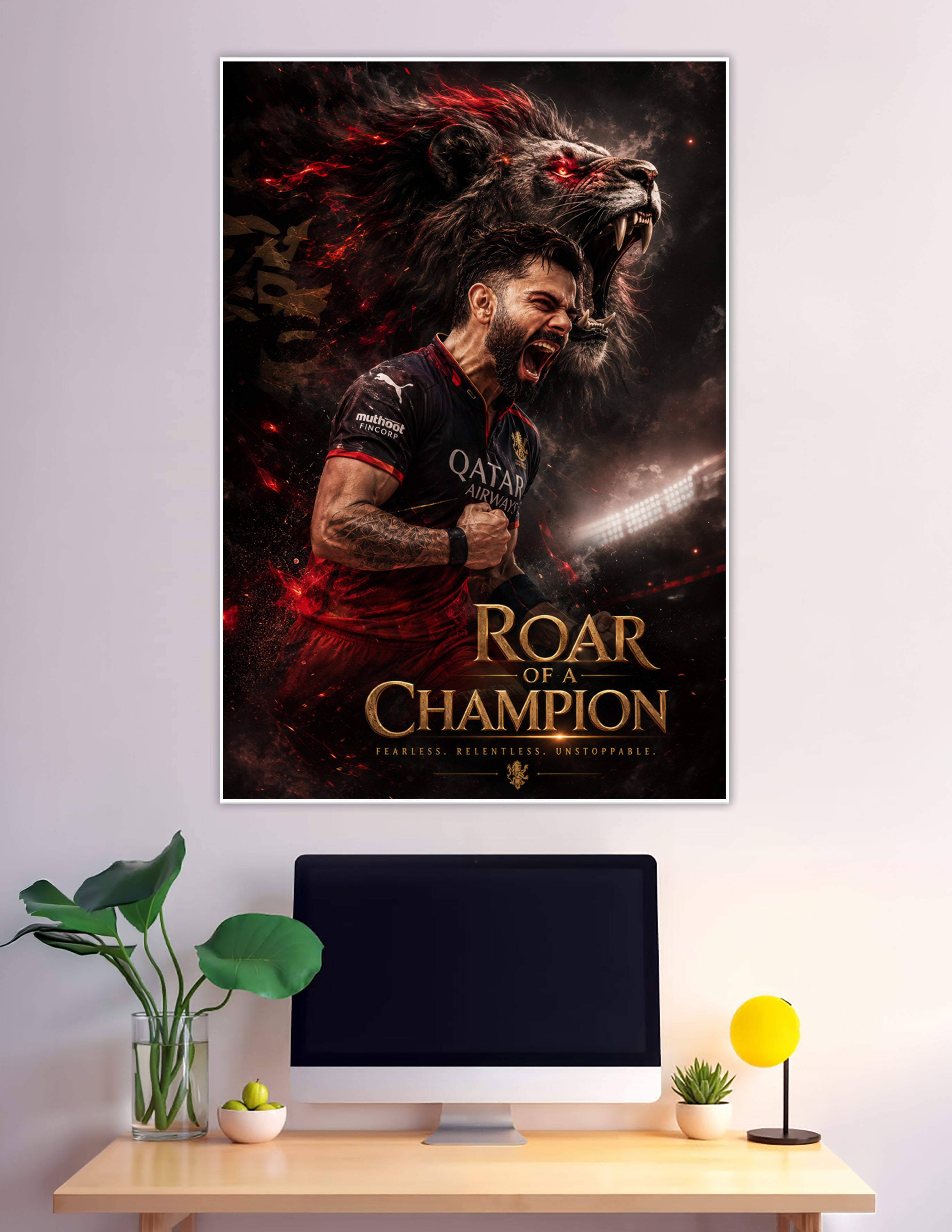 RCB cricket champion roaring with fierce lion spirit