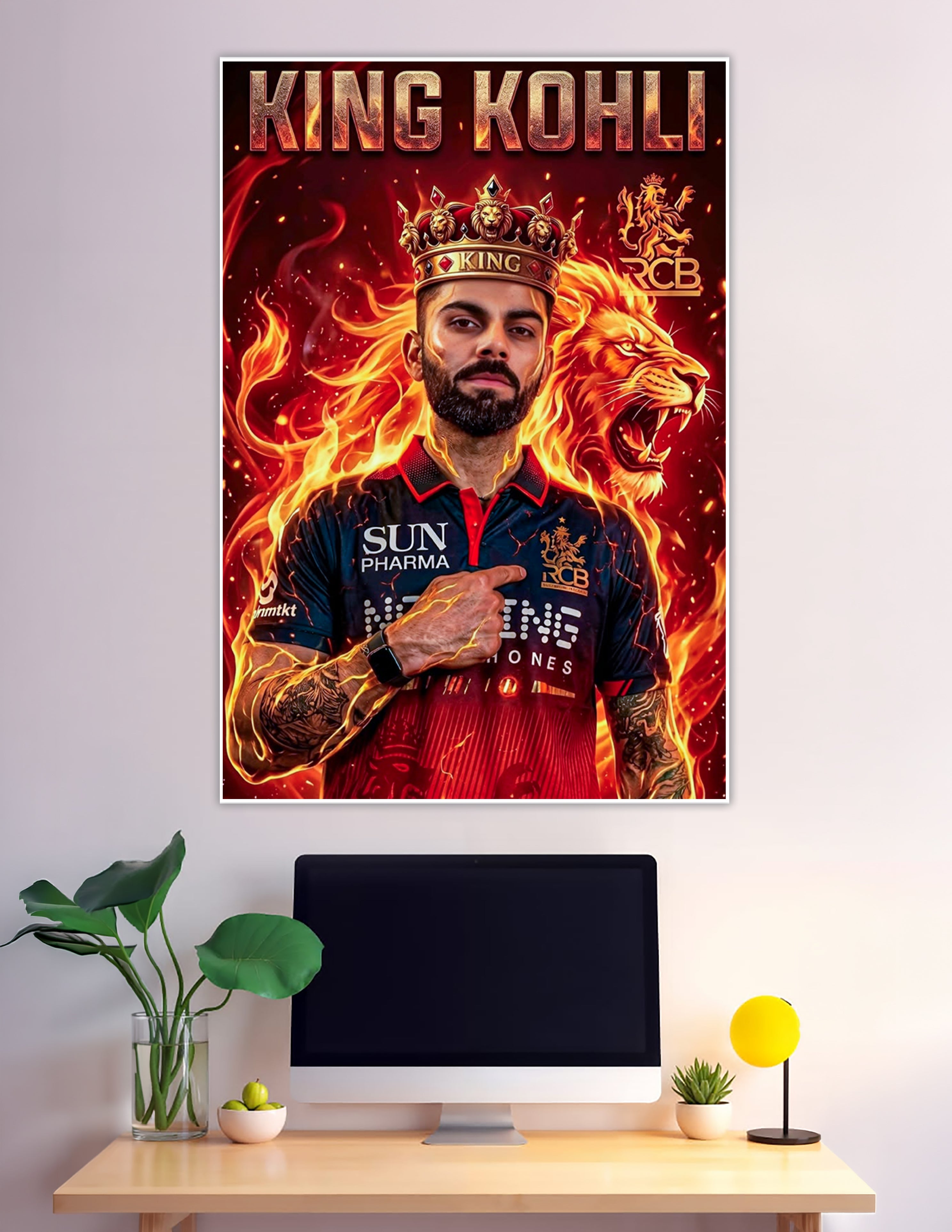 King Kohli RCB fire lion crown cricket poster