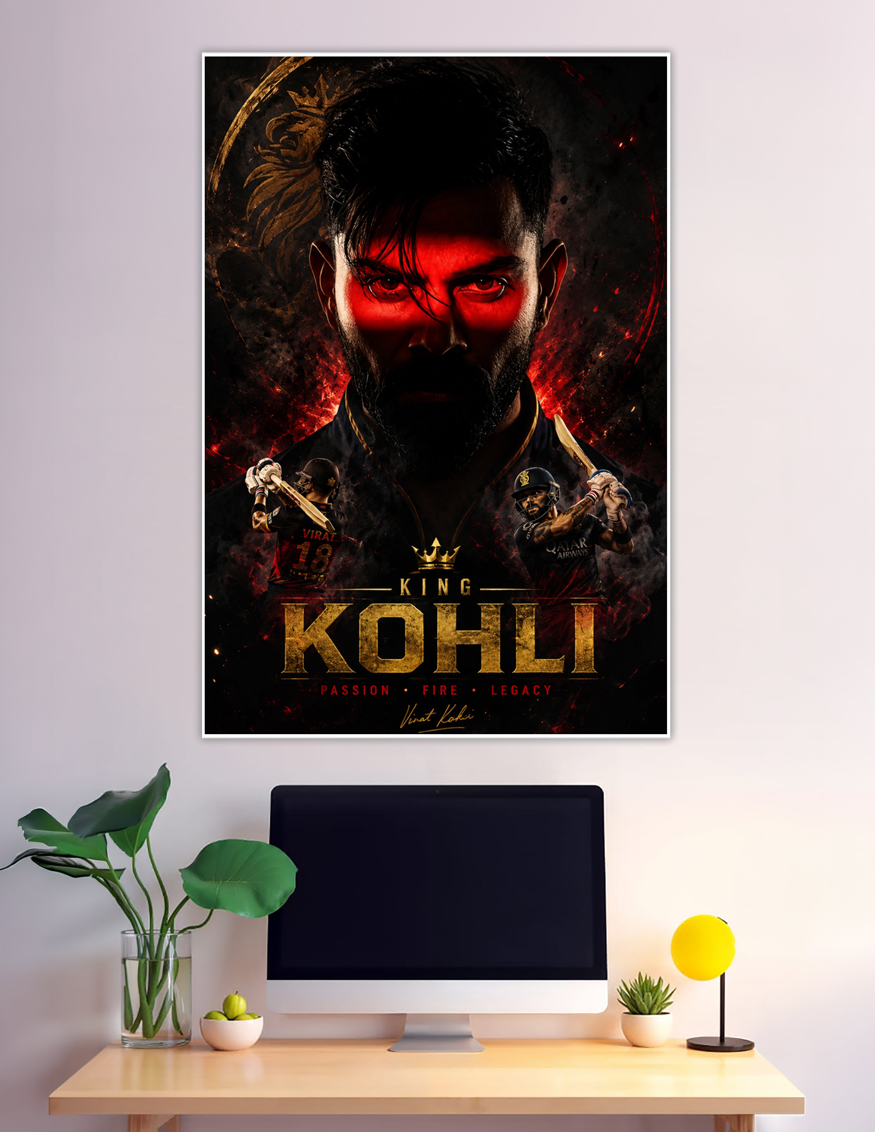 King Kohli dramatic red black cricket sports poster