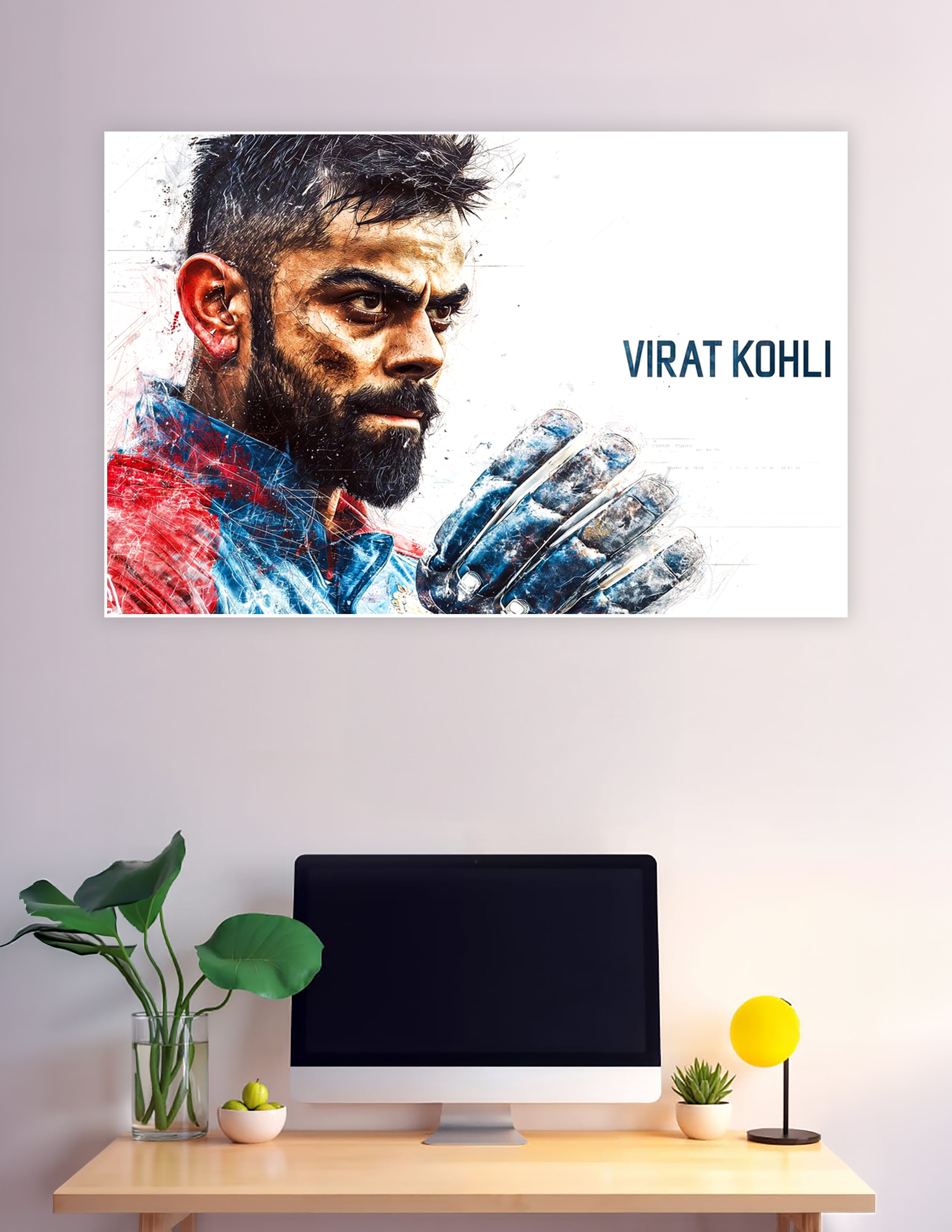 Virat Kohli intense digital art cricket poster red blue