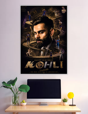 Virat Kohli birthday tribute poster with career highlights