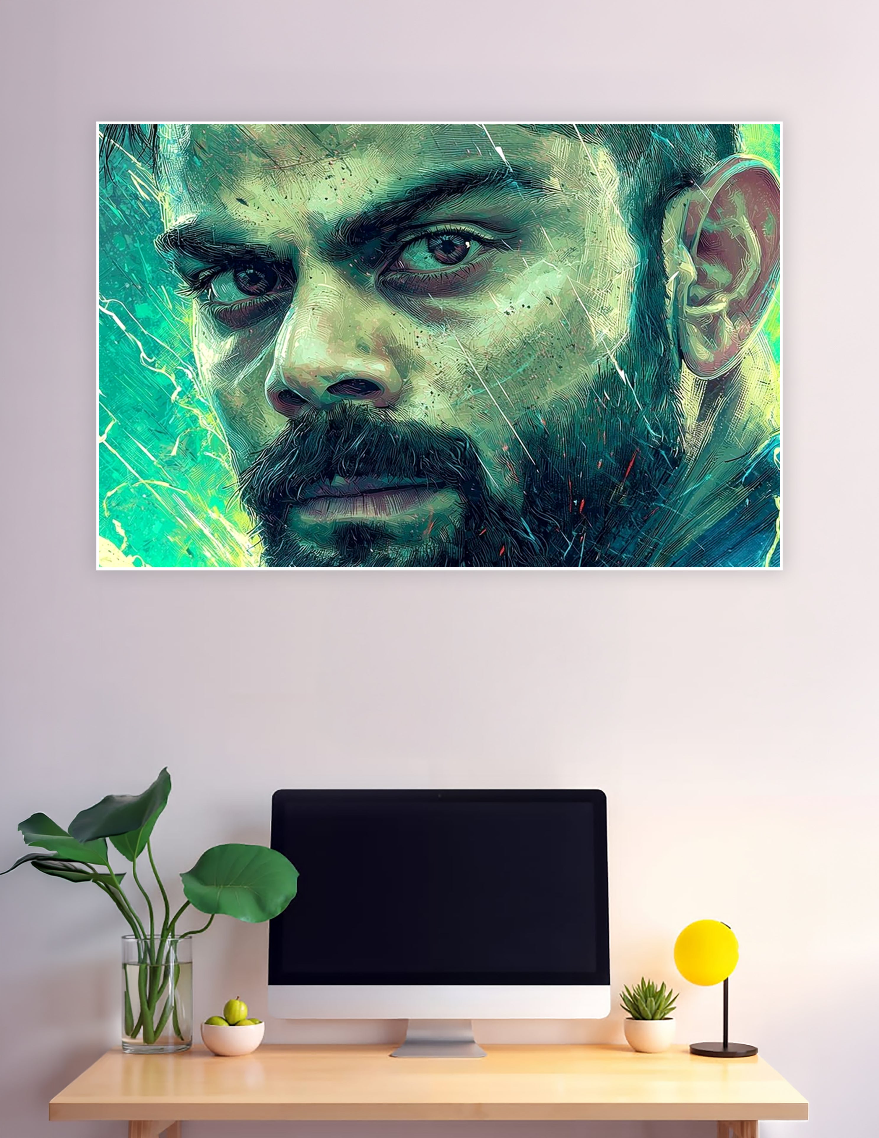 Hyper-detailed digital portrait of intense bearded man green tones