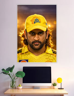 MS Dhoni intense portrait in CSK yellow jersey