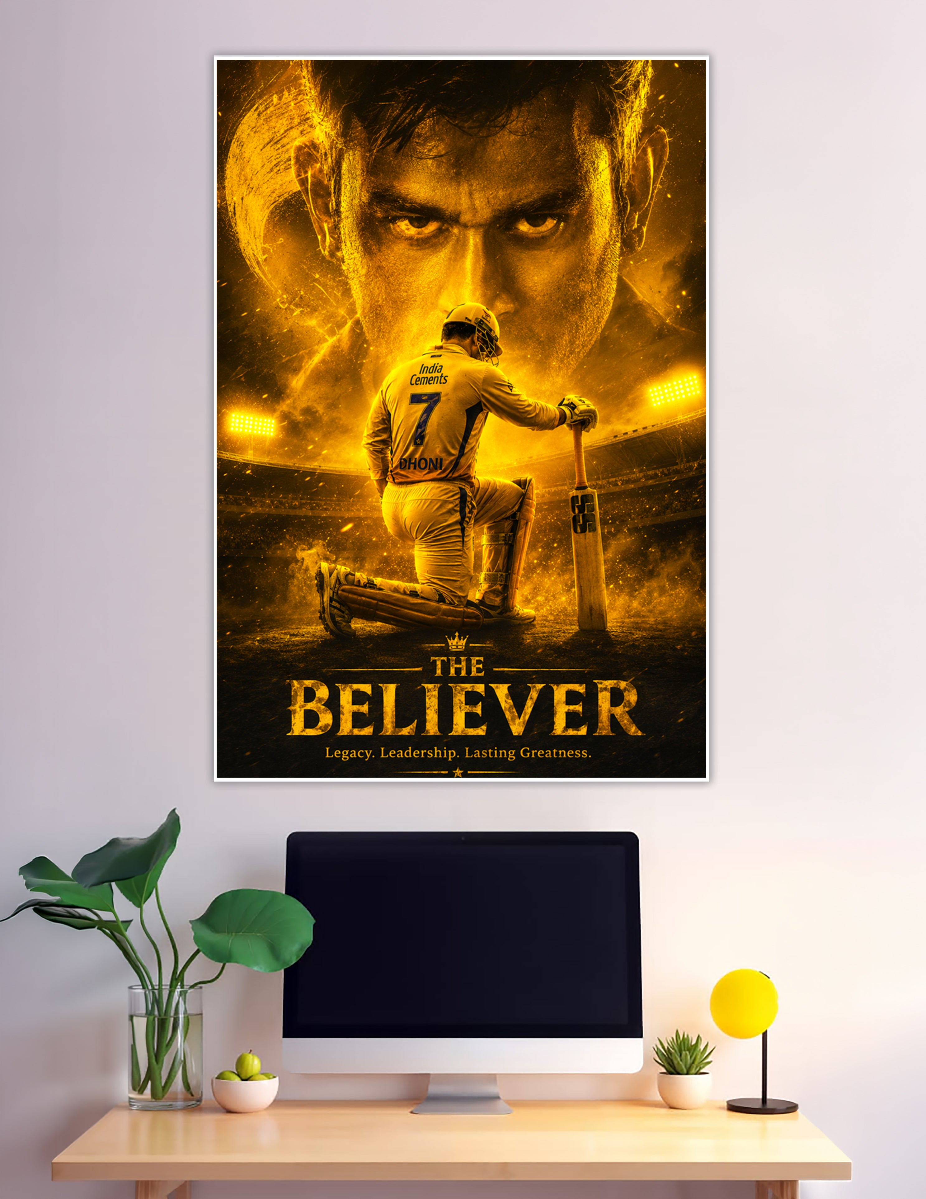 MS Dhoni number 7 CSK jersey golden cricket poster