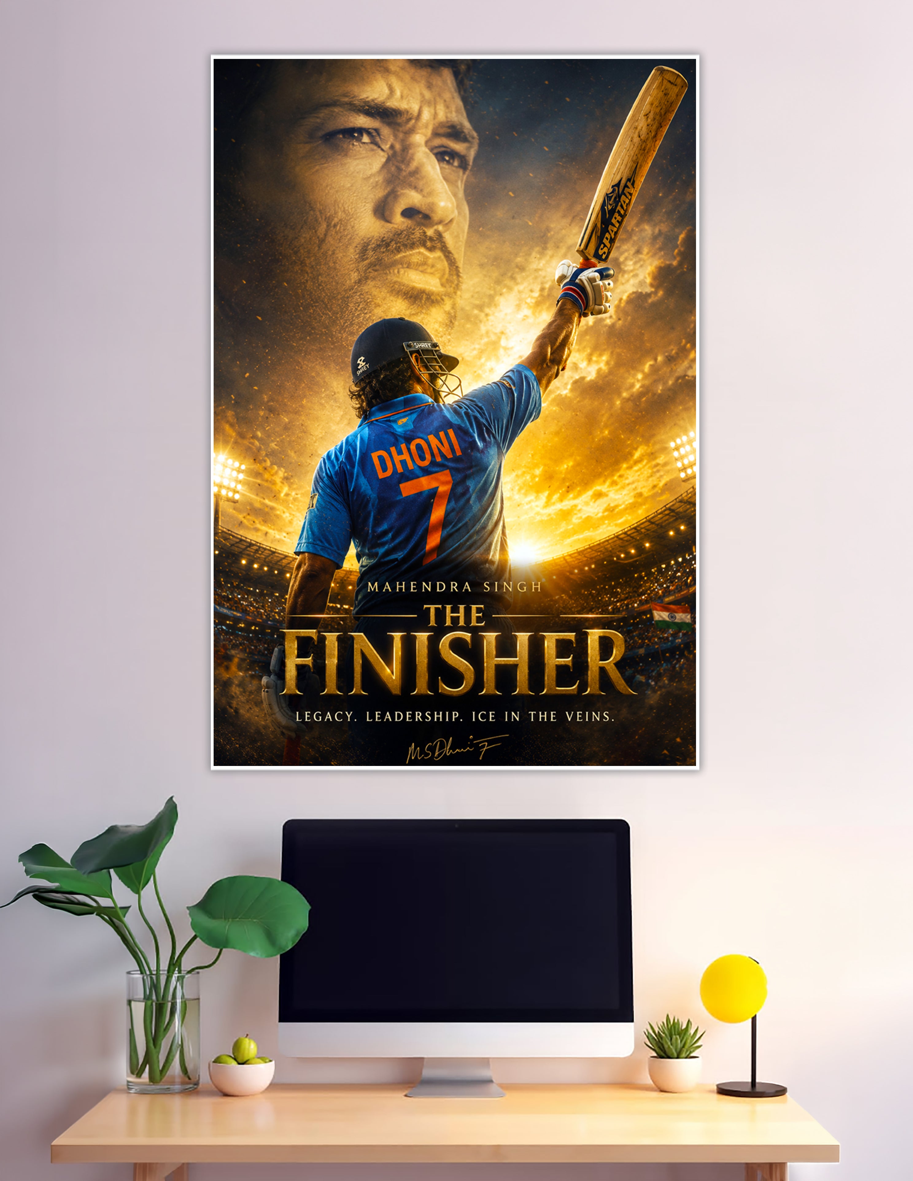 MS Dhoni number 7 raising bat golden stadium poster