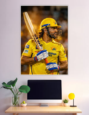CSK Chennai Super Kings batsman holding cricket bat in yellow jersey