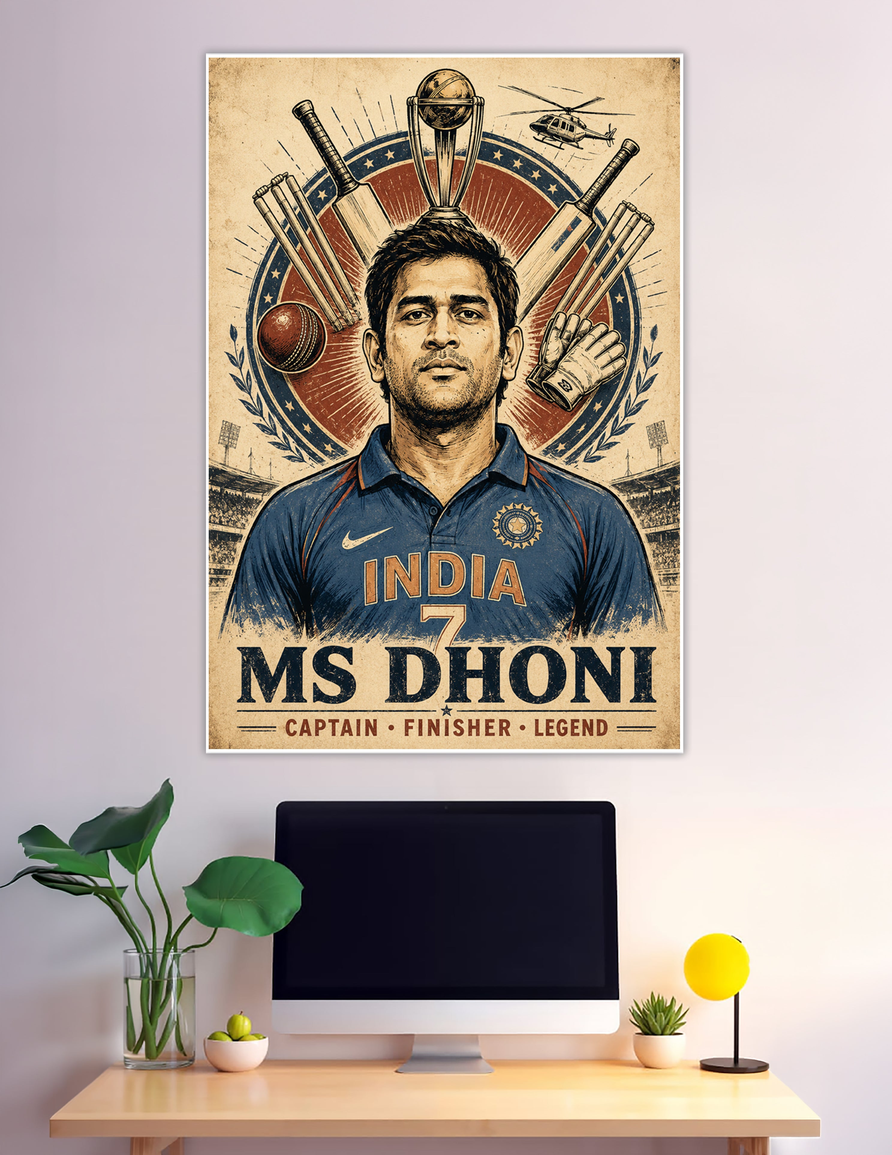 MS Dhoni vintage poster India jersey number 7 cricket legend
